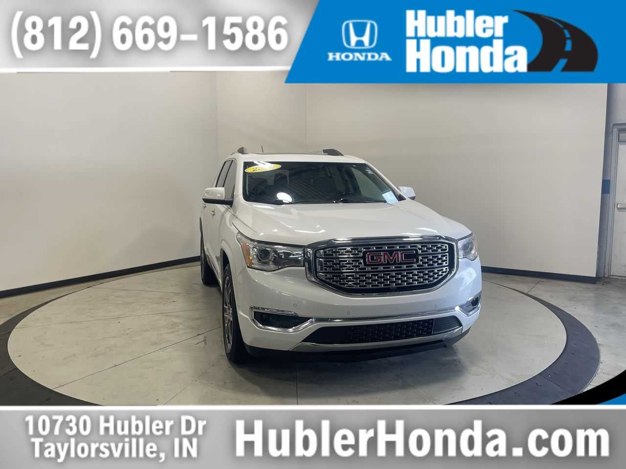 2019 GMC Acadia Denali in White Frost Tricoat — front three-quarter view